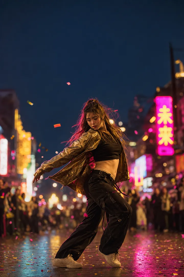 A woman dancing in a neon-lit street, made from a selfie