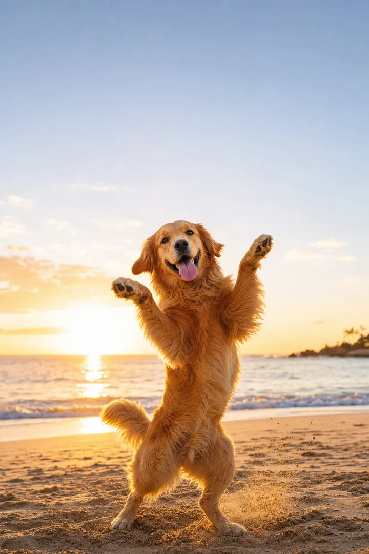 A golden retriever dancing on a beach at sunset