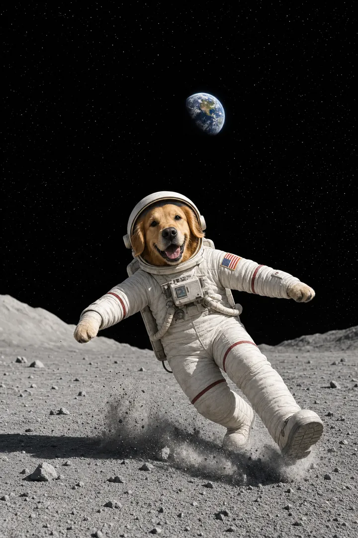 A dog in a spacesuit on the moon, made from a prompt