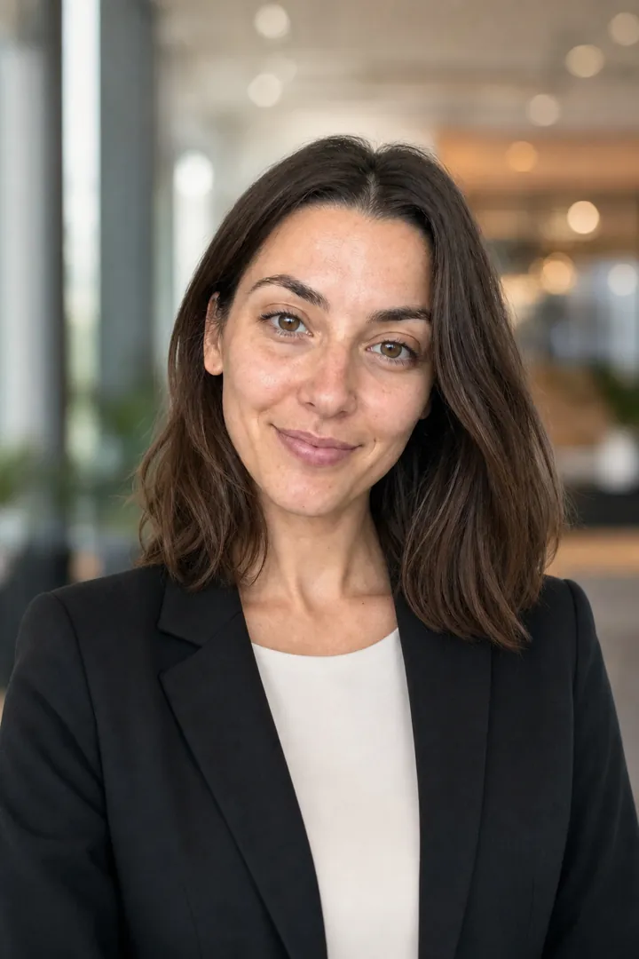 The same woman as a professional headshot in a blazer