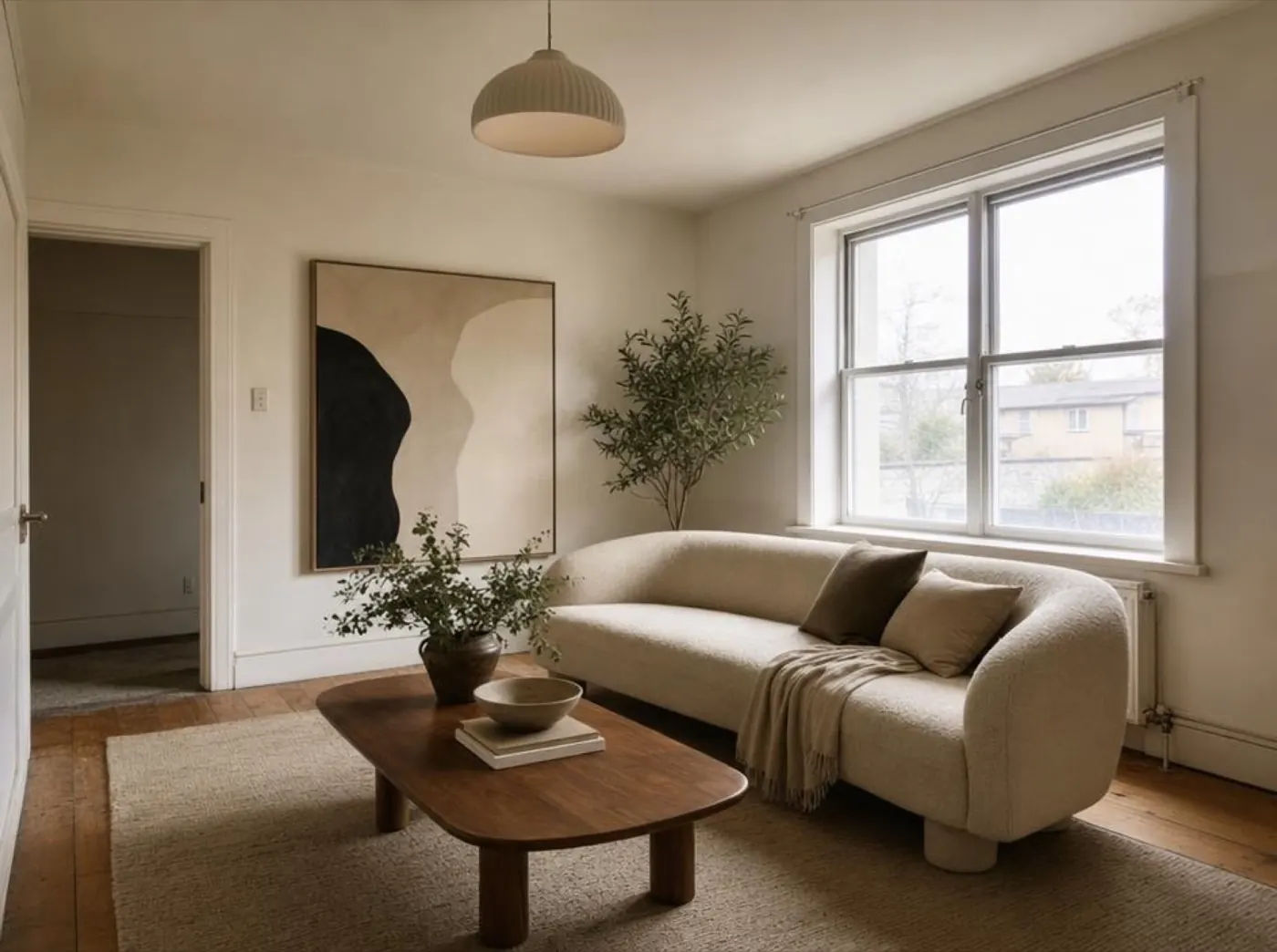 A living room after a Roomhaus redesign: cream sofa, wooden coffee table and framed art
