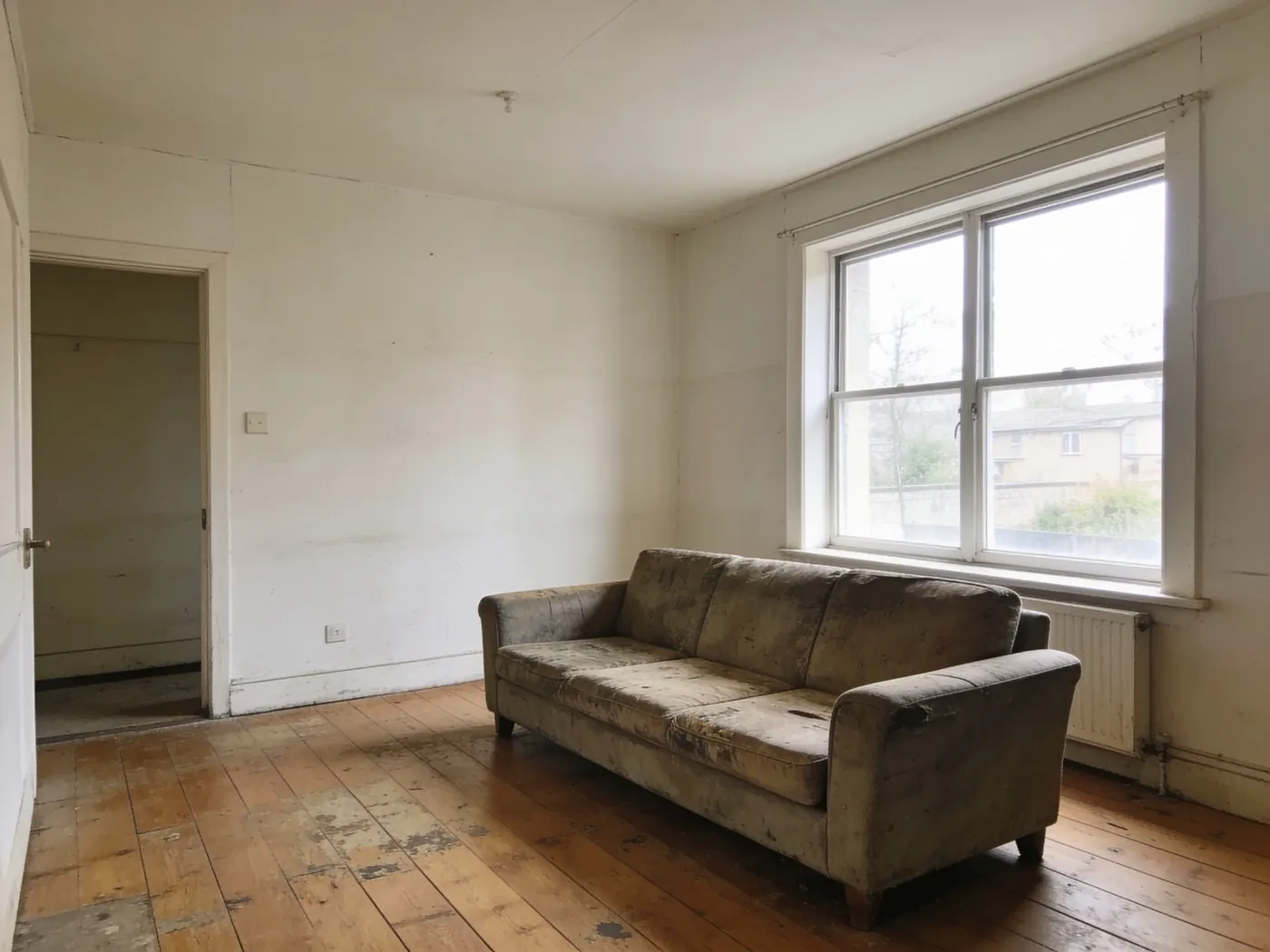 The same living room before the redesign, with a worn brown sofa and bare walls